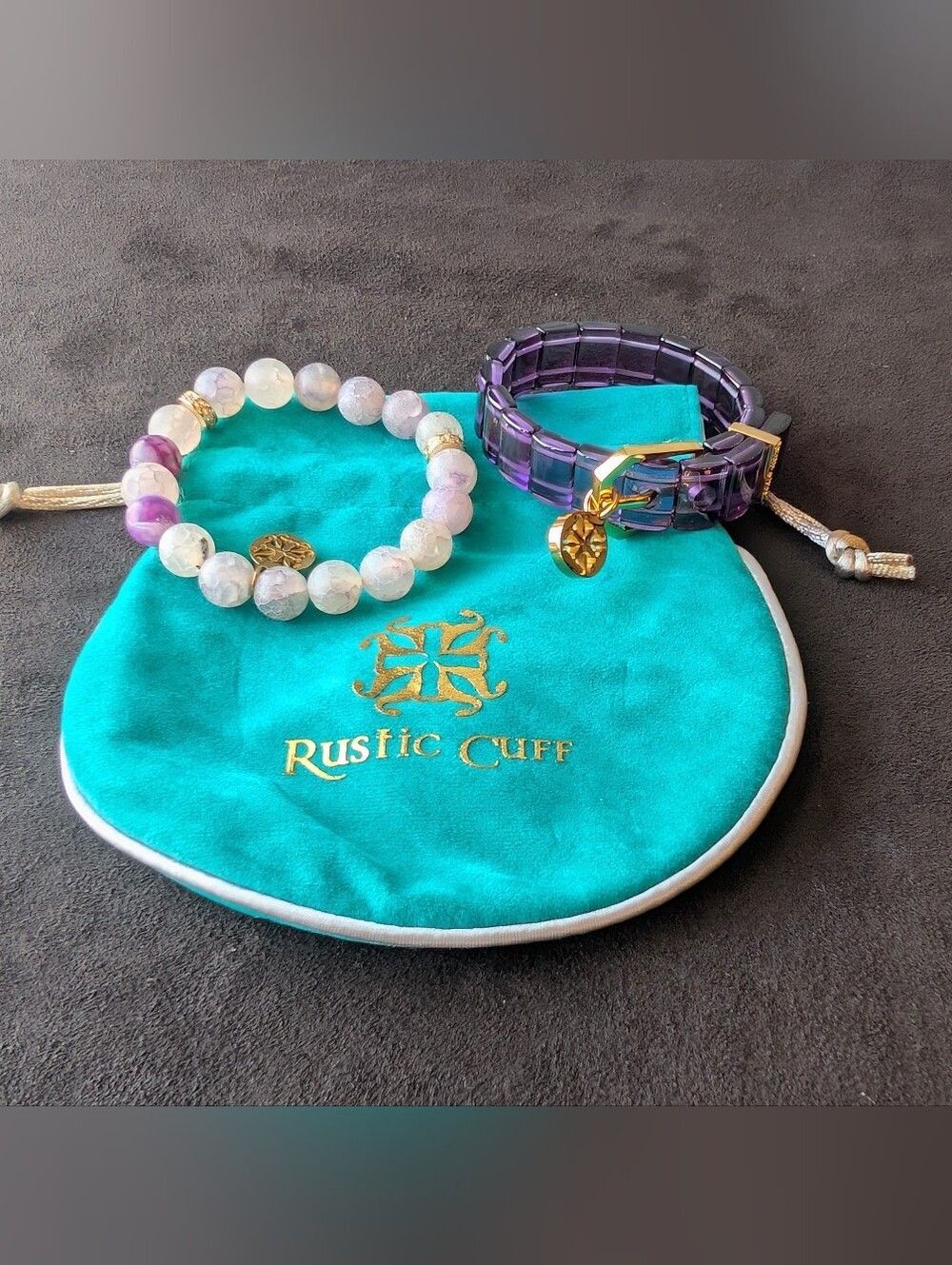 Rustic Cuff Purple Acrylic Buckle Bracelet & Amethyst Beaded Stack Set